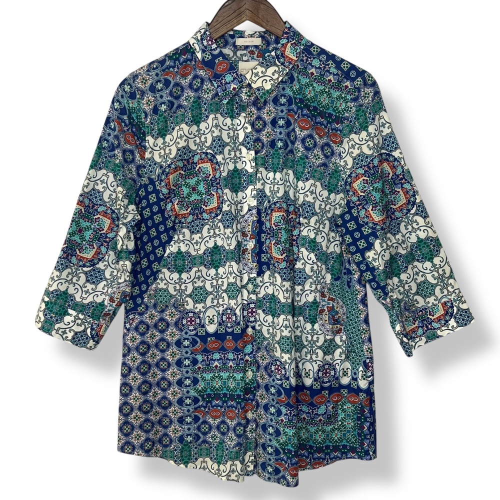 Chico's L Button Up Shirt 2 No-Iron Mosaic Tile Boho Cotton Stretch Patchwork